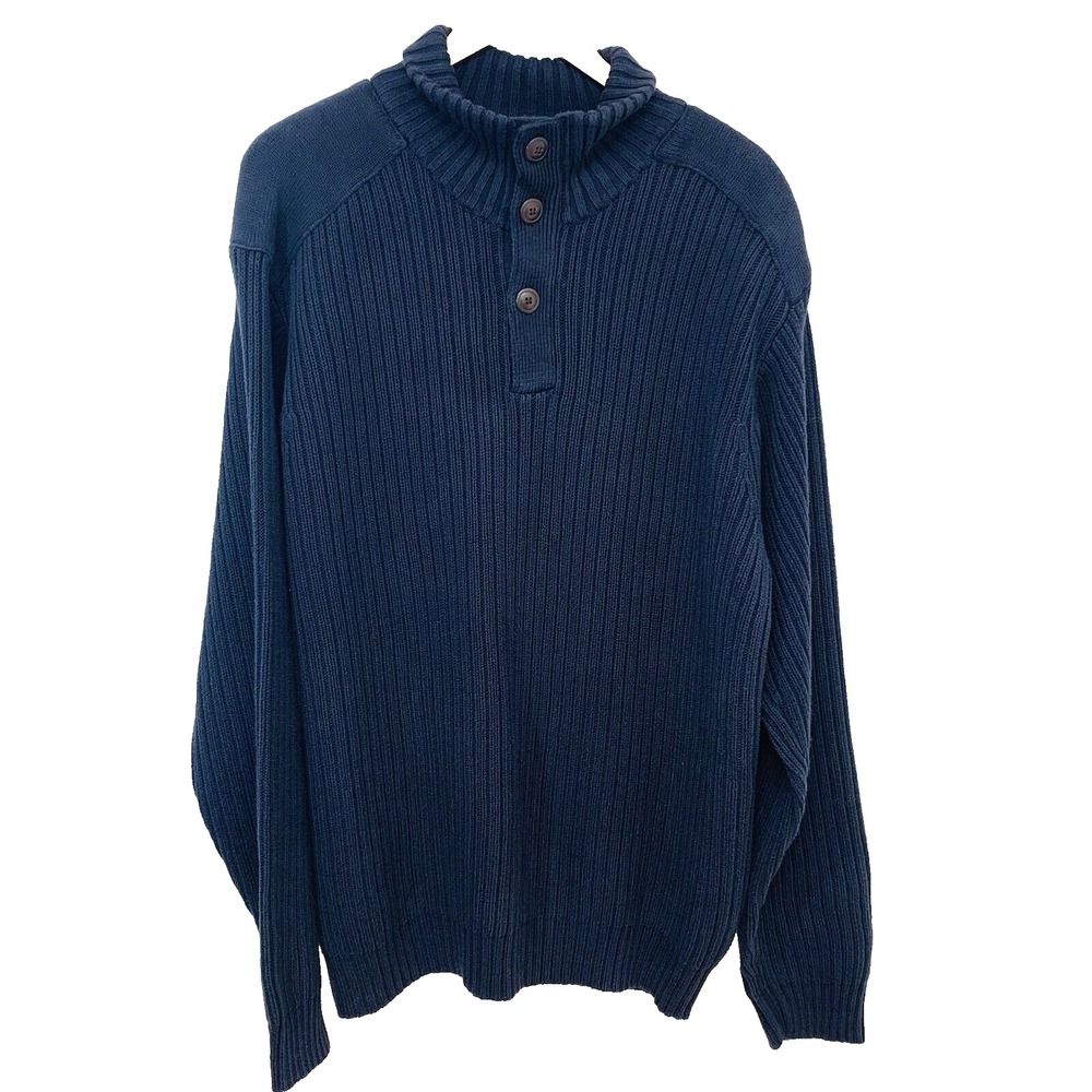 Timberland Chunky Knit Sweater Heavy Men XL Navy Blue 100% Cotton 3 Buttons Warm